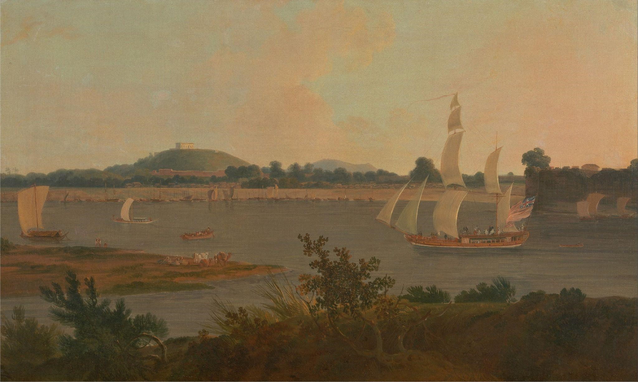 “Pinnace sailing down the Ganges past Monghyr Fort”, Oil painting by Thomas Daniel (1749-1840 CE). Image source: Wikimedia Commons.