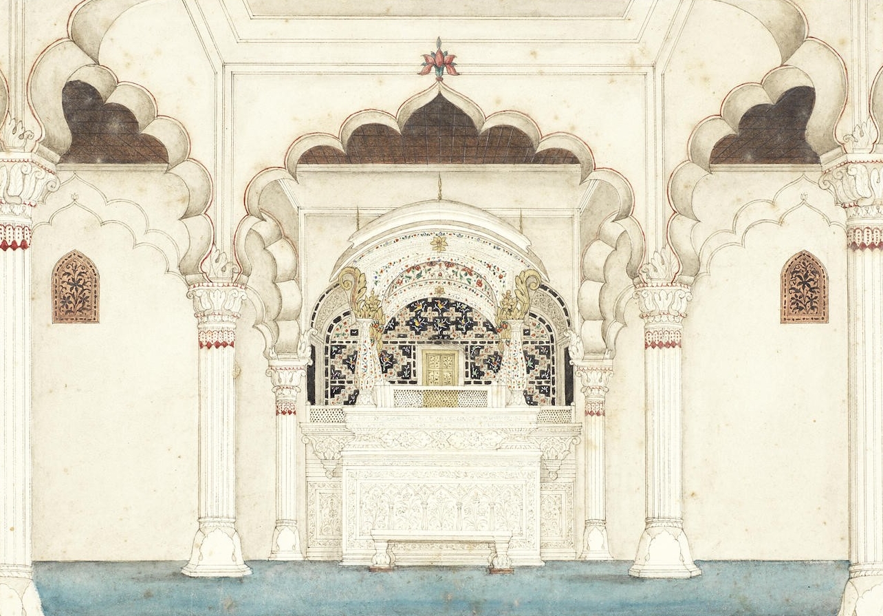 Canopied Marble Throne, Diwan-i-Am, painting by Ghulam Ali. Image Source: Wikimedia Commons