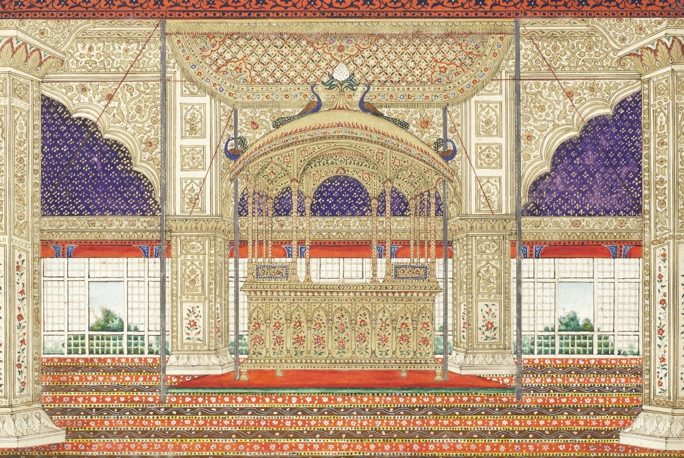 Takht-i-Taus or Peacock Throne at Diwan-i-Khas. painting by Ghulam Ali. Image Source: Wikimedia Commons