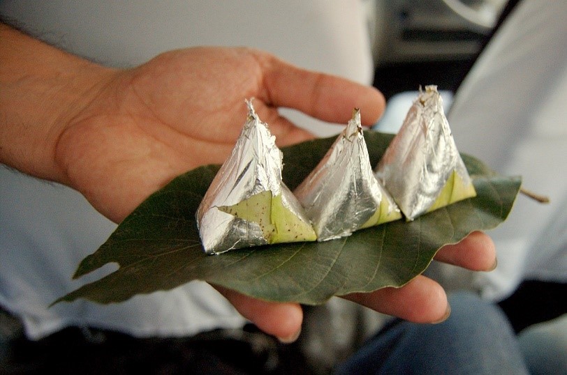 Paan -betel leaves being served with silver foil at Sarnath near Varanasi