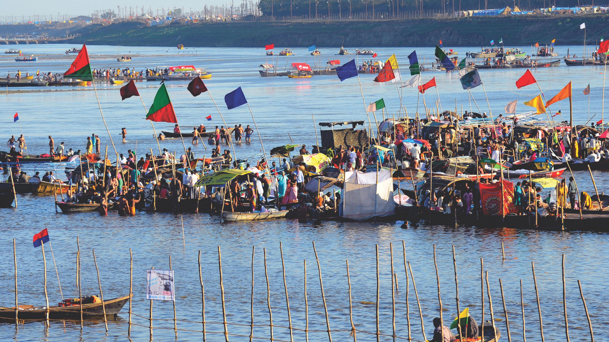 The Triveni sangam at Prayagraj (Allahabad). The Triveni sangam (confluence) is considered to be one of the holiest pilgrimage sites in Hinduism as it is the meeting point of three sacred rivers, Ganga, Yamuna and the mythical Saraswati. 