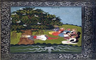 Bhishma lying on a bed of arrows. He is watched over by Krishna and the Pandava brothers. 